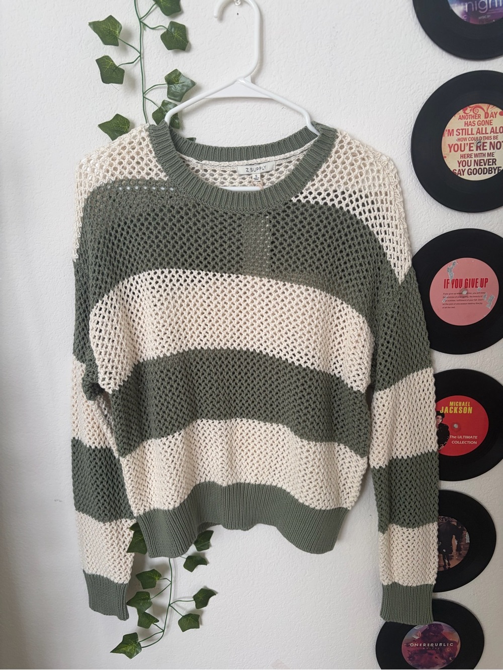 Z Supply Olive & Cream Striped Open-Knit Crewneck Sweater